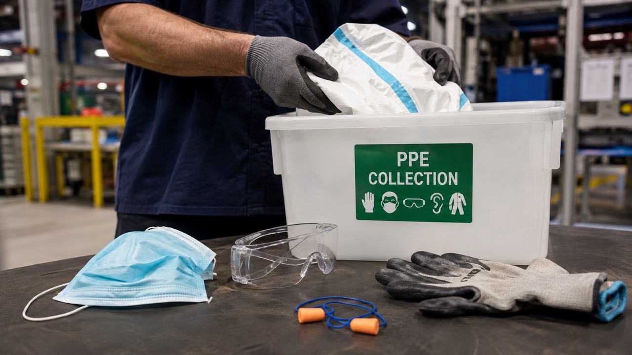 Worker placing PPE into a RightCycle collection bin, with mask, safety glasses, ear plugs, and gloves laid out